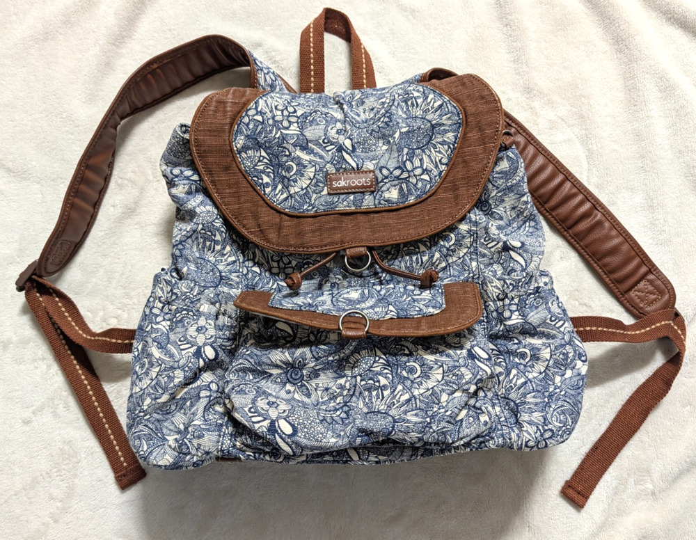 Sakroots Backpack Floral Pen Drawn Artists School Bag blue white brown canvas